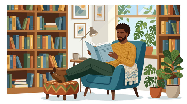 Modern flat vector illustration of a Black man sitting in a blue armchair reading a book in a home library with bookshelves, indoor plants, and a cozy study atmosphere.