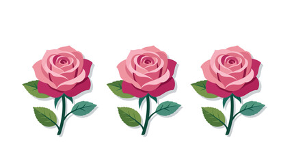Naklejka premium Three stylized pink rose flower vector illustrations arranged in a horizontal line, featuring layered petals, green leaves, and dark stems isolated on a plain white background.