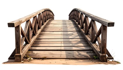 Fototapeta premium A weathered wooden arched footbridge isolated on a white backdrop, casting long shadows