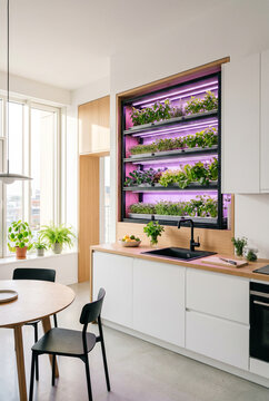 Modern kitchen with vertical hydroponic garden and fresh greens