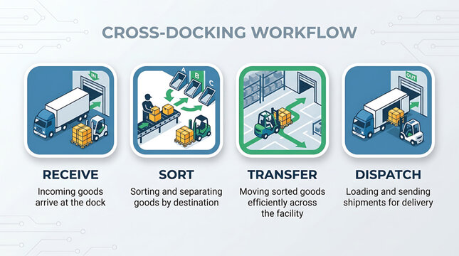 Logistics workflow diagram shows receiving, sorting goods by destination, efficient transfer, and dispatch operations.