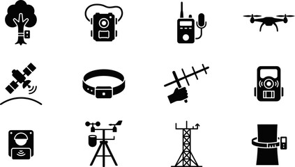 Fototapeta premium Set of black silhouette icons representing wildlife tracking and monitoring technology.