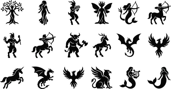 Set of Mythical Creatures and Legendary Fantasy Beasts Silhouettes.