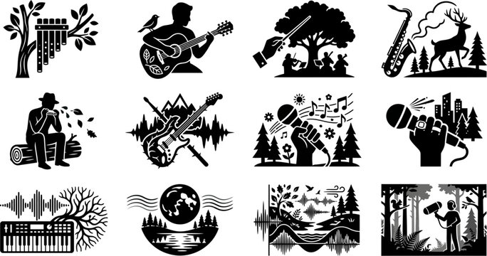 Set of black and white musical instruments and musician silhouettes.