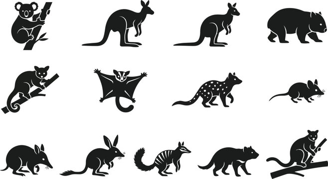 Set of Australian Native Marsupial Silhouettes.