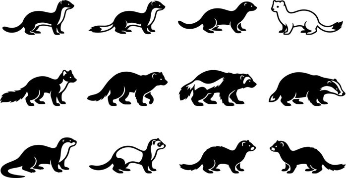 Set of silhouettes of mustelid animals including weasels ferrets and badgers.