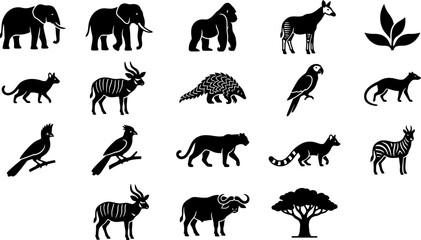 Collection of African wildlife and nature icons in black silhouette style. © acehair