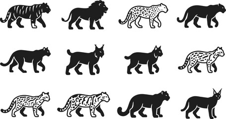 Collection of wild cat silhouettes including tiger lion leopard and lynx. © acehair