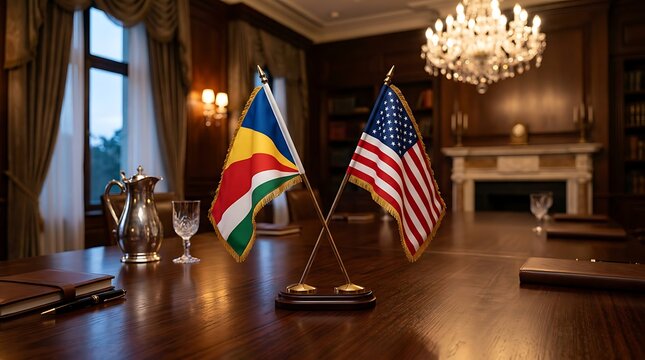 Seychelles and USA National Flags on a Luxury Wooden Conference Table During a Diplomatic Meeting