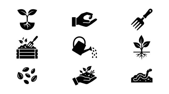 Black icons of gardening tools and plants.