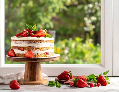 Naked Cake with Strawberries and Mint Displayed on a Wooden Stand Near a Window