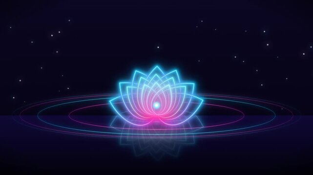 Glowing neon lotus flower blossoming on dark water with expanding ripples and starry night sky background.