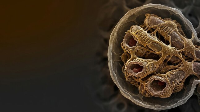 Microscopic Kidney Glomerulus: A highly detailed 3D medical illustration showing the complex capillary network of a glomerulus inside a human kidney nephron