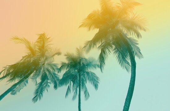 three palm trees are captured from a low angle, silhouetted against a pastel gradient sky that fades from pale orange yellow at the top to light turquoise at the bottom Generative AI
