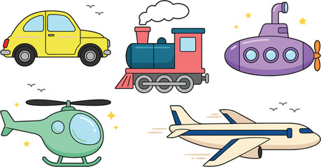 Cute cartoon kids transport vehicle vector illustration set featuring yellow car steam train locomotive purple submarine helicopter and airplane © Dulal creation 