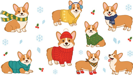 Obraz premium Cute cartoon corgi dog winter character vector illustration set wearing warm sweaters scarves hats earmuffs and boots