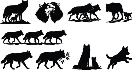 Fototapeta premium Vector collection of wolf silhouettes featuring family groups, protective parents, playful pups, and various walking poses