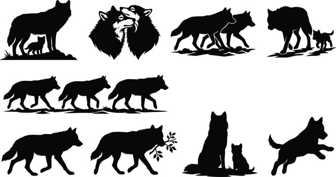 Vector collection of wolf silhouettes featuring family groups, protective parents, playful pups, and various walking poses