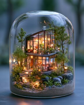 Tiny modern house inside a glass terrarium