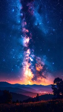 Milky Way Galaxy Stretching Over Distant Mountains and Rural Night Landscape