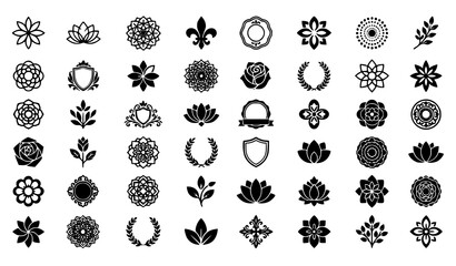 Black Decorative Floral Symbols Collection with Lotus Rose Mandala Fleur De Lis Wreath and Shield Emblem Designs © Abddulah
