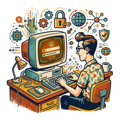 Naklejka premium Man working on computer with cybersecurity.