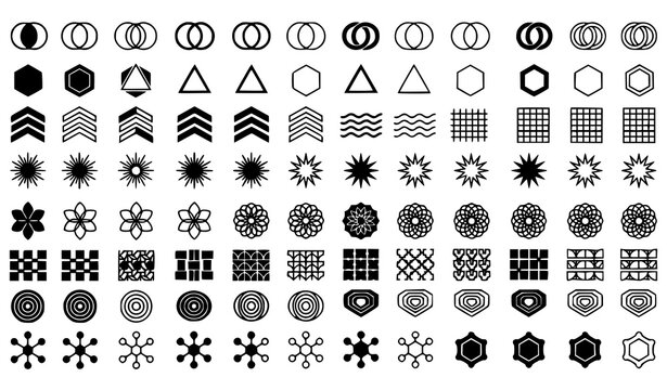 Abstract Geometric Symbols Vector Set with Rings Hexagons Triangles Chevrons Stars Flowers and Grid Patterns for Creative Design
