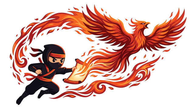 Vector illustration of a chibi ninja character in black outfit summoning a majestic fiery phoenix from an open scroll, featuring dynamic flame trails and sparks on white background.