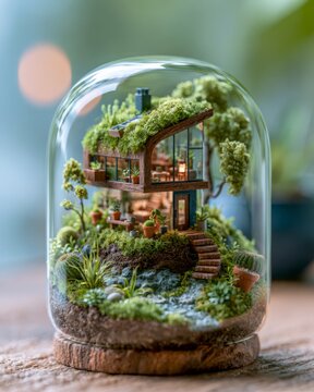 Tiny modern house inside a glass terrarium