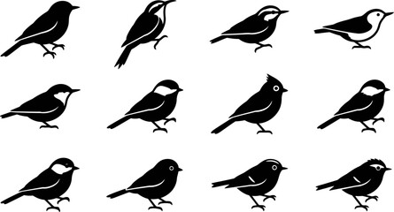 Set of black and white silhouettes of various small birds. © Merah