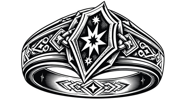 Ornate silver ring with shield emblem and eight pointed star on engraved band