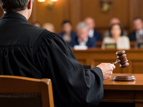 A judge in a black robe holding a wooden gavel while presiding over a session in a courtroom setting.