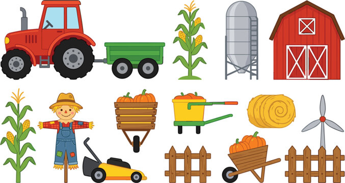 Red agriculture tractor vector set with barn silo corn stalks scarecrow wheelbarrow fence pumpkins and farm machinery
