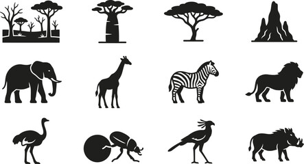 Set of African safari animals and trees black silhouettes icons. © Merah