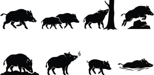 Vector collection of wild boar silhouettes featuring feral hogs running, jumping, rooting, and swimming with piglets © Rokon