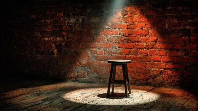 Wooden stool positioned in a dramatic spotlight against an old red brick wall.