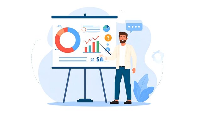 Professional Man Pointing at Charts on a Presentation Board During a Business Meeting