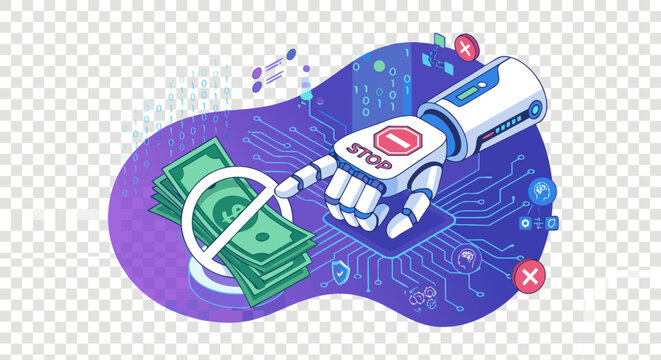 Robotic arm stopping financial access with a stop button illustrating artificial intelligence security and fraud prevention