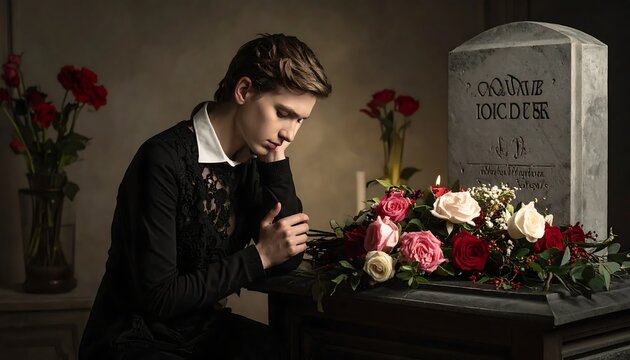 Young Man Mourning at a Grave with Flowers and Candles