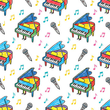 Colorful hand drawn piano and microphone music pattern on transparent background