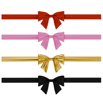 Set of decorative satin ribbons with elegant bows in red, pink, gold, and black colors for gift wrapping, greeting cards, and festive holiday design decorations
