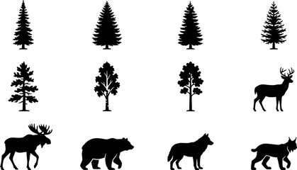 Set of black silhouettes of forest trees and wild animals. © Wahid