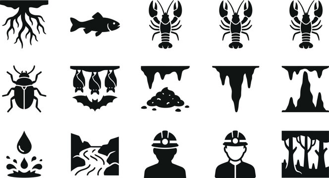 Set of black and white cave and subterranean exploration icons.