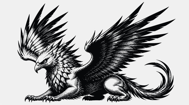 Mythical winged creature with spiky plumage and clawed feet