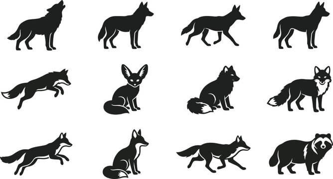 Set of twelve black silhouette icons featuring various foxes and wolves in different poses.