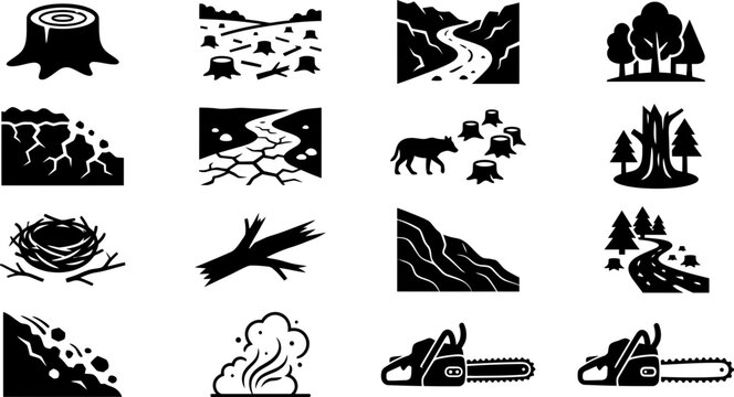 Set of black and white icons representing deforestation and environmental damage.