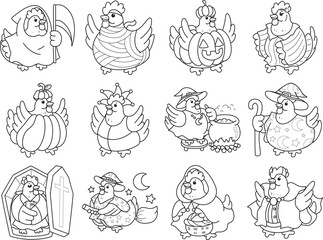 Obraz premium Coloring pages of Cute funny Rooster Chicken sticker icon. Outline of Rooster Chicken 