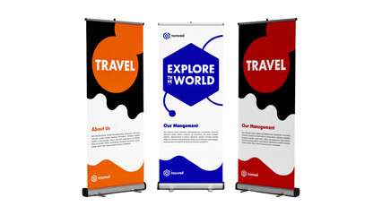 Three vertical business roll up banner stands with modern colorful abstract geometric shapes for corporate trade show events Vector © mdlimon