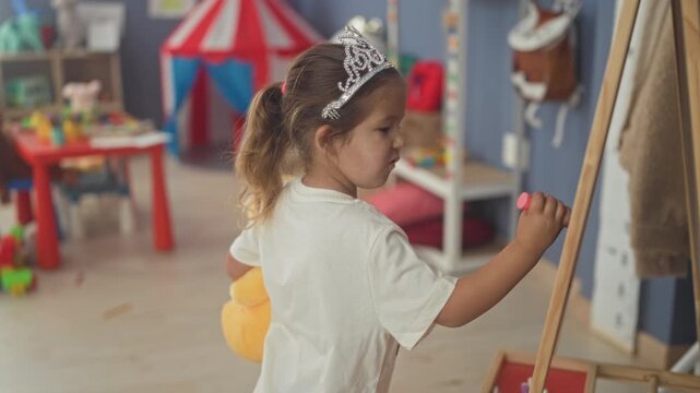 Girl drawing on chalkboard, hand holding pink chalk and wearing a tiara in a playroom building; creative play joy.