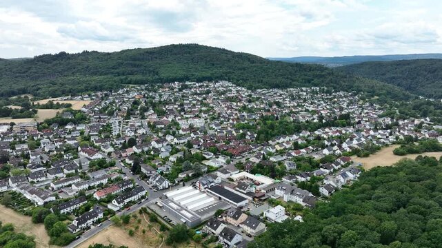 Drone aerial footage of Kelkheim-Fischbach in the Taunus, Main-Taunus District, Hesse, Germany